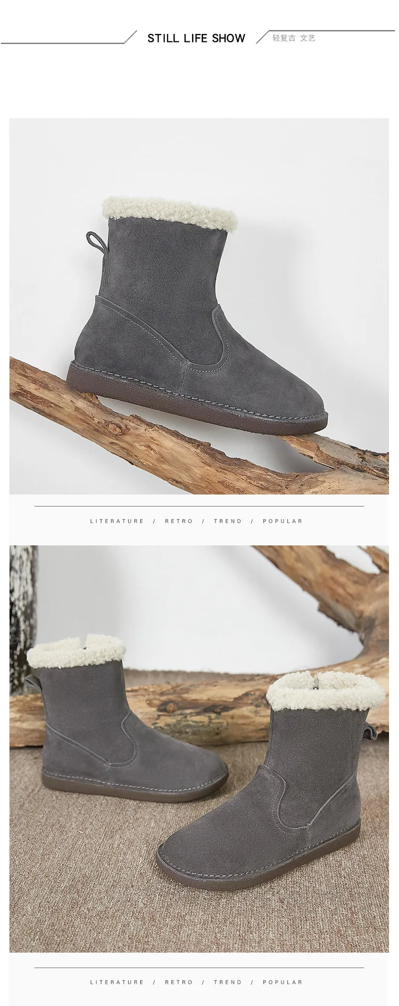 Careaymade-Genuine cow leather Snow cotton round head flats woolen short boots plush warm snow boots Oversized shoes size 35-43