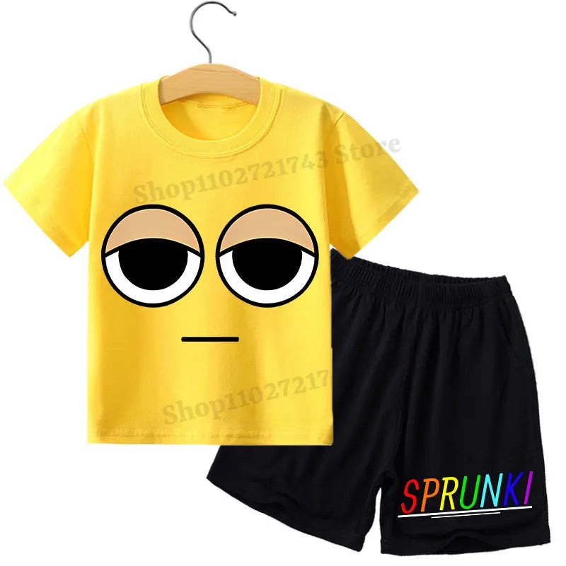 Kids 2 Piece Outfit Sprunki Red Face Character T-Shirt + Shorts Set Boys Girls 100% Cotton Casual Summer Pajamas Set