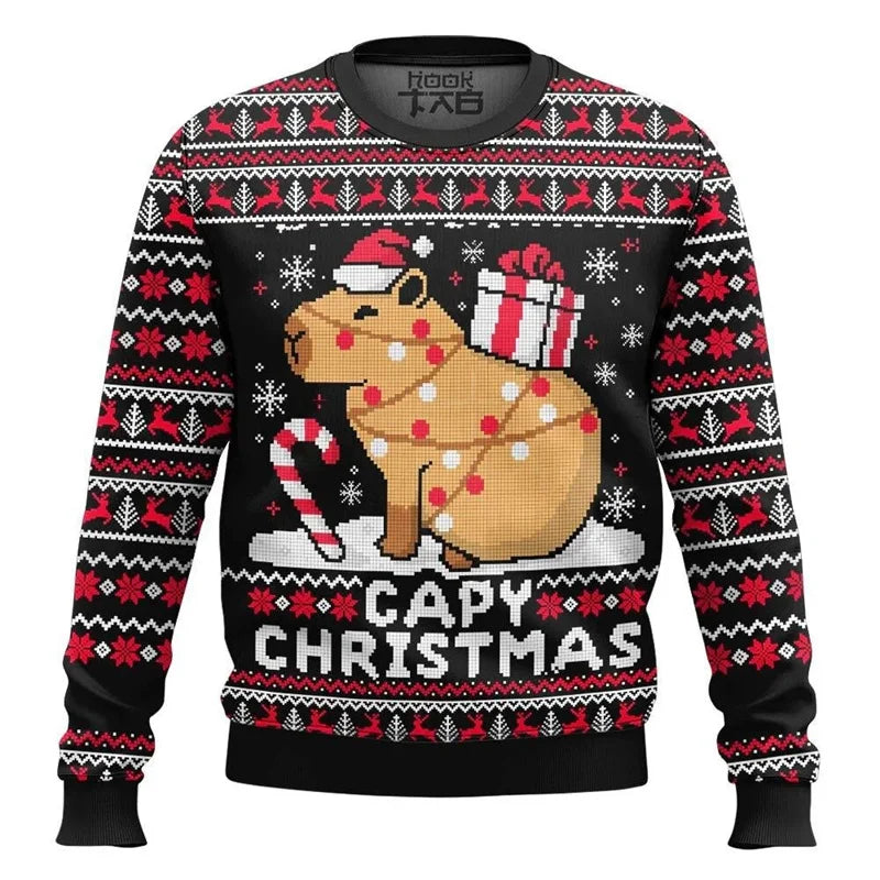 Cute Capybara Print Design Ugly Christmas Sweater Child Adult Long Sleeve Christmas Pullover Sweatshirt Festival Hot Men Sweater
