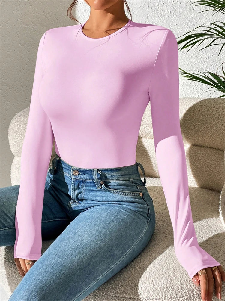 Women Basic Long Sleeve Round Neck Blouse Bodysuit Autumn Winter Casual Solid Color Slim Fit Bodycon Jumpsuit Streetwear