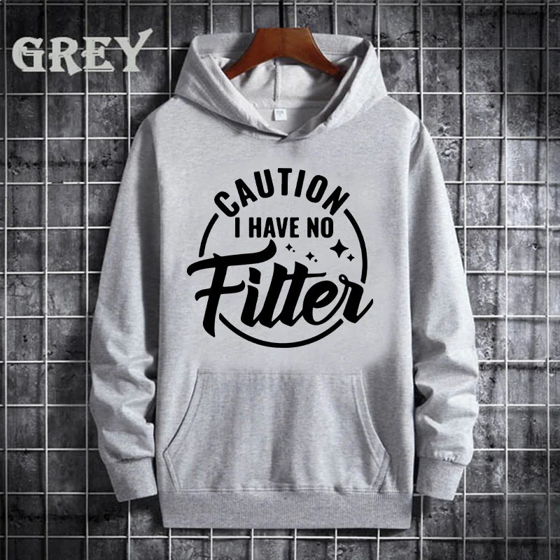 Caution I Have No Filtes Printed Hoodie, Women's Casual Pocket Pullover, Autumn/Winter Fleece Sweatshirt, Comfortable Hoodie