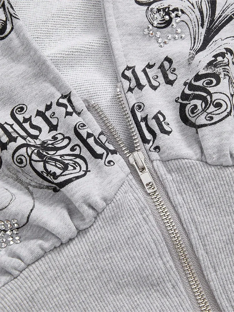 Winter Warm Gothic Print Hoodie Women's Clothin Faux Fur Crop Top Zip-Up Sweatshirt Fashion Y2K Streetwear Hooded Jacket 2026New