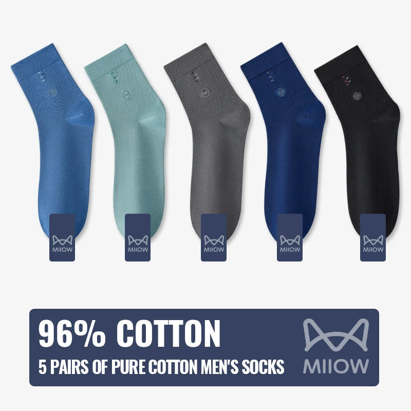 MiiOW 100% Pure Cotton Socks Men Business Dress Long Sock Black White Antibacterial Anti Odor Crew Socks Breathable Sport Sock