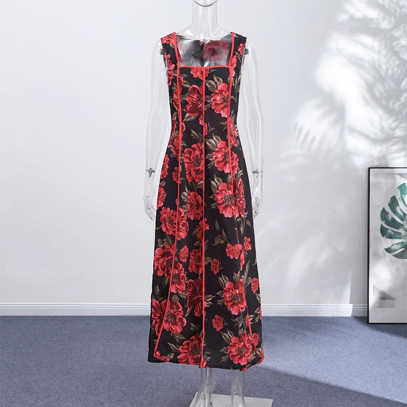 Sexy Printed Flower Long Women's Dress Sleeveless Waist-Closed Slash Neck Lady Dresses Summer Sling Vacation Holiday Robe