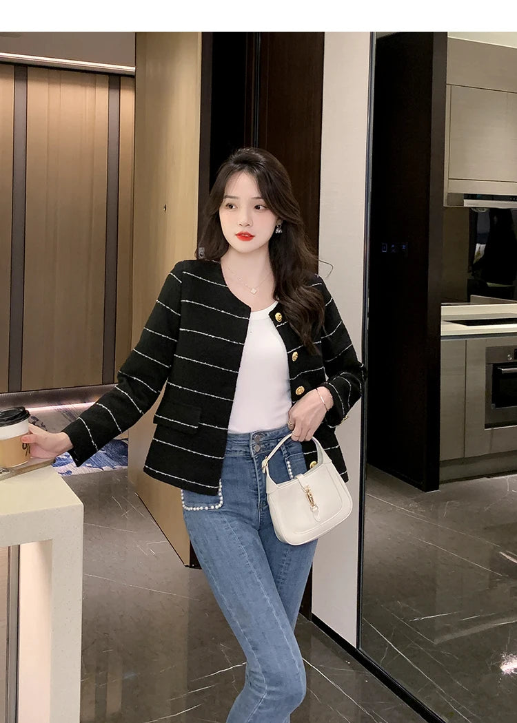 Korean Fashion Casual Small Fragrance Tweed Jacket Coat Women Fall Winter Fried Street Striped Coat Casaco Woolen Outwear Top