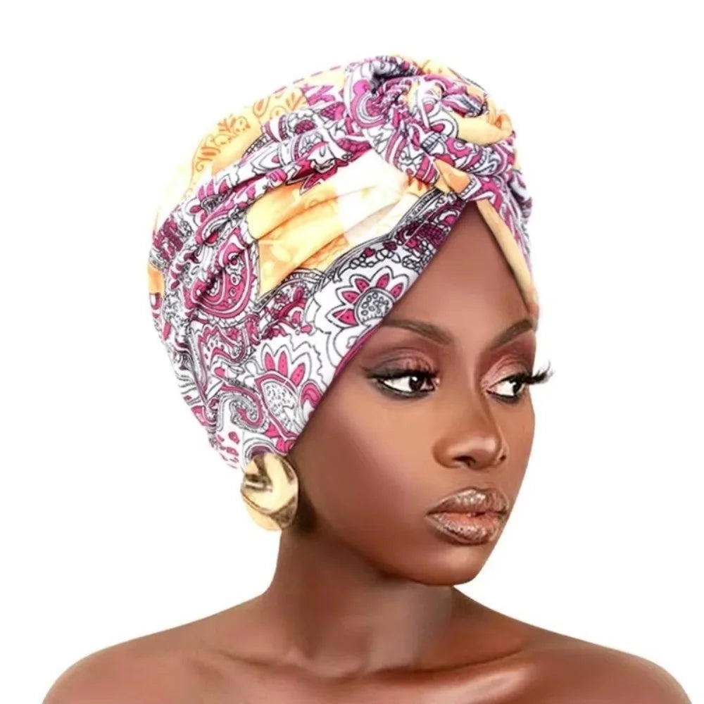 Fashion African Print Hijab Caps Pleated Wrap Twist Knot Turban Hat Elastic Knotted Style Floral Head Wrap All Match Decor