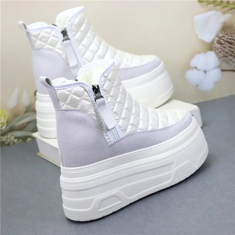 12cm Winter Leather Silver Women Snow Boots Thick Sole Waterproof Warm Platform Boots Women Plush Mid-calf Boots Increases Heigh