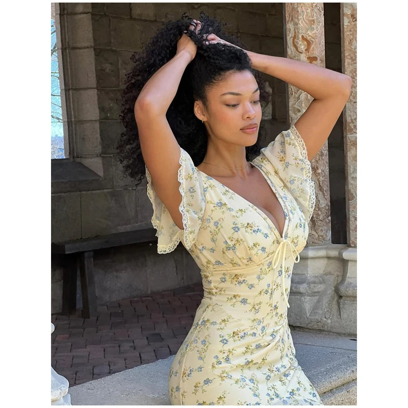 Chic Floral Puff Sleeve Women Maxi Dress Sexy V Neck Button Down Ruffle Slit Vestidos 2026 Summer New Lady Daily Party Sundress