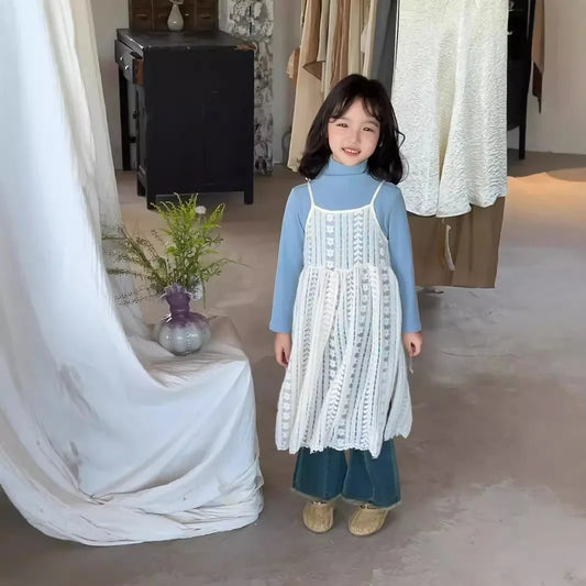 Girl Casual Dresses Autumn Winter Childrens Clothing New Korean 2026 Lace Camisole Skirt Washing Retro Make Old Jeans