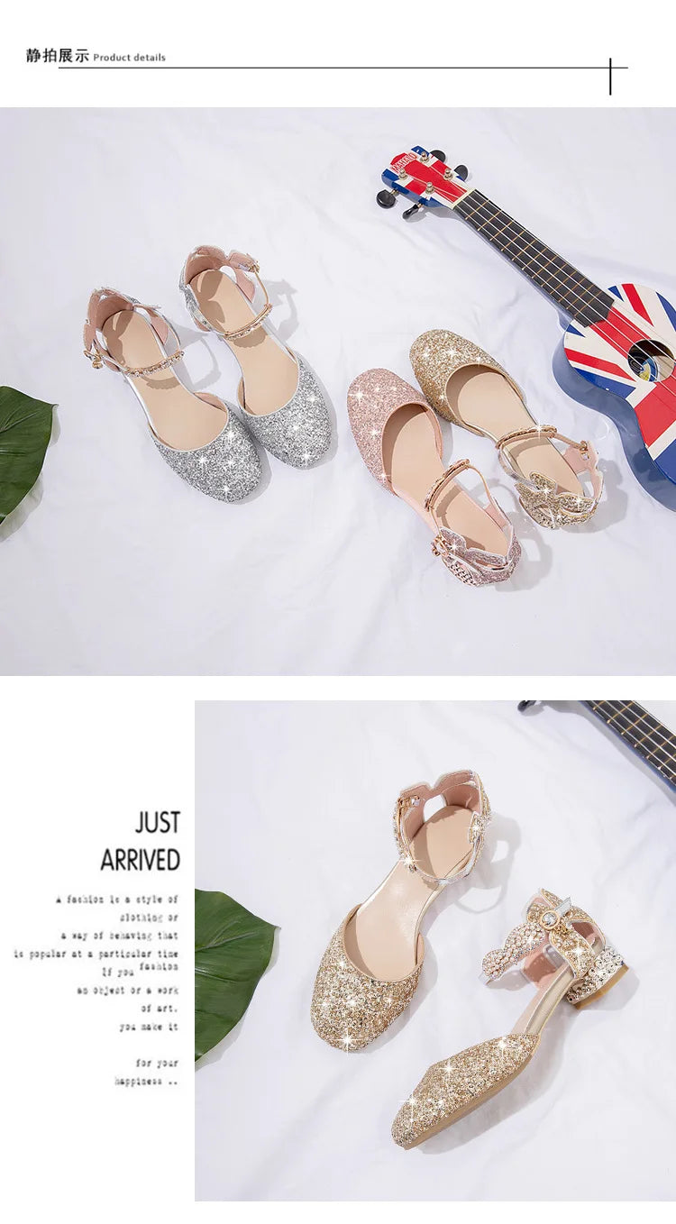 Princess Kids Leather Shoes Girls Sandal Sweet Pearl Casual Glitter Children High Heels Girls Party Dance Shoes Pink Gold Silver