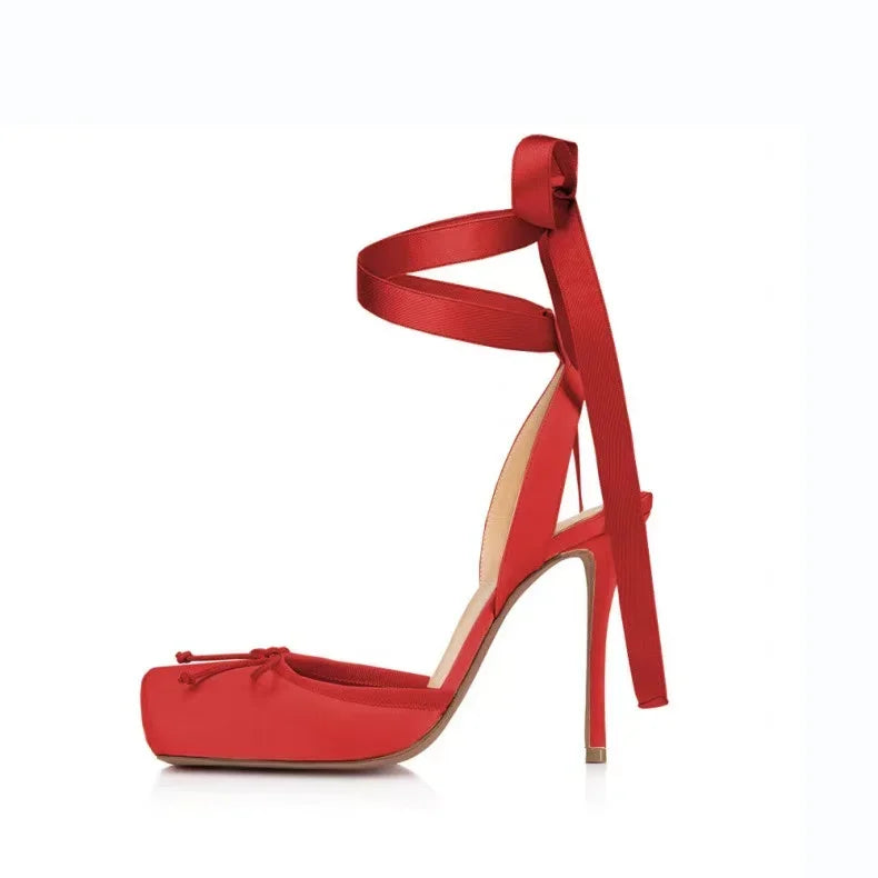 2025 Spring New Square-Toe High Heels Bow Knot Peep-Toe Platform Sandals for Women, Sexy Evening Party Club Wedding Shoes