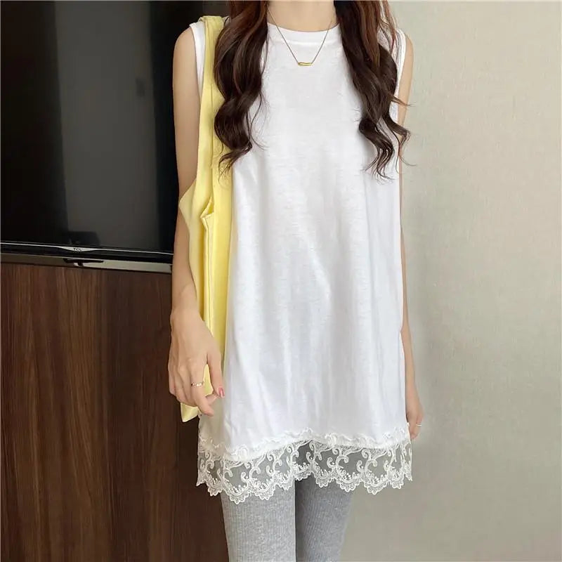 White Tanks Women Solid Lace Sleeveless Loose Tops Leisure Daily Korean Fashion Ins Harajuku Summer Simple 3XL Trendy Basics