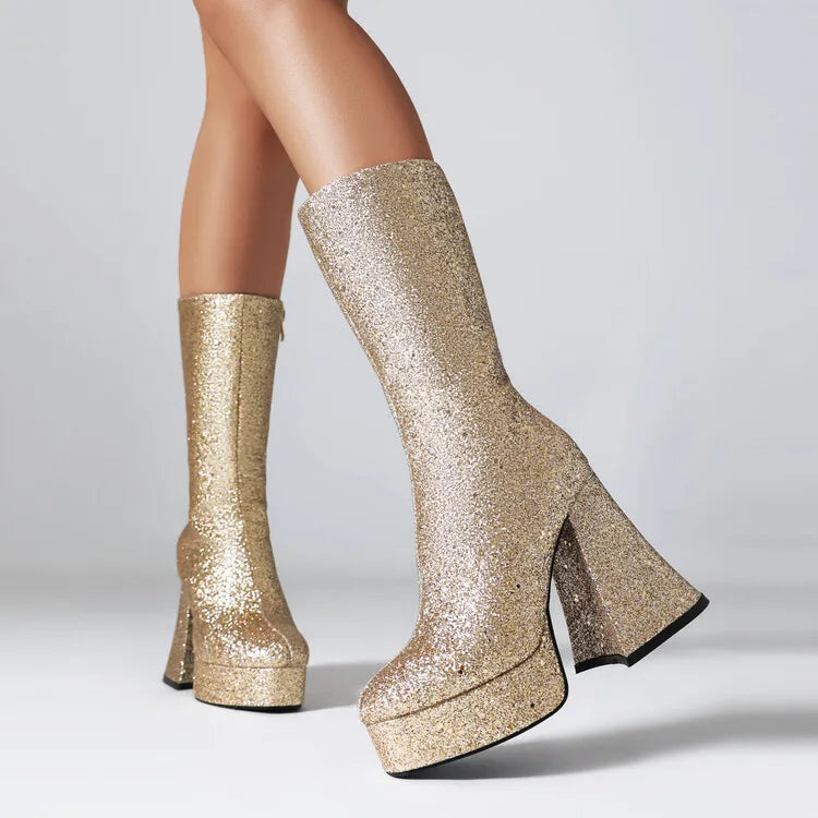 Ochanmeb Women Gold Sequins Boots Platforms Super High Chunky Heels Pink Mid-Calf Boots Gothic Zipper Woman Silver Glitter Shoes