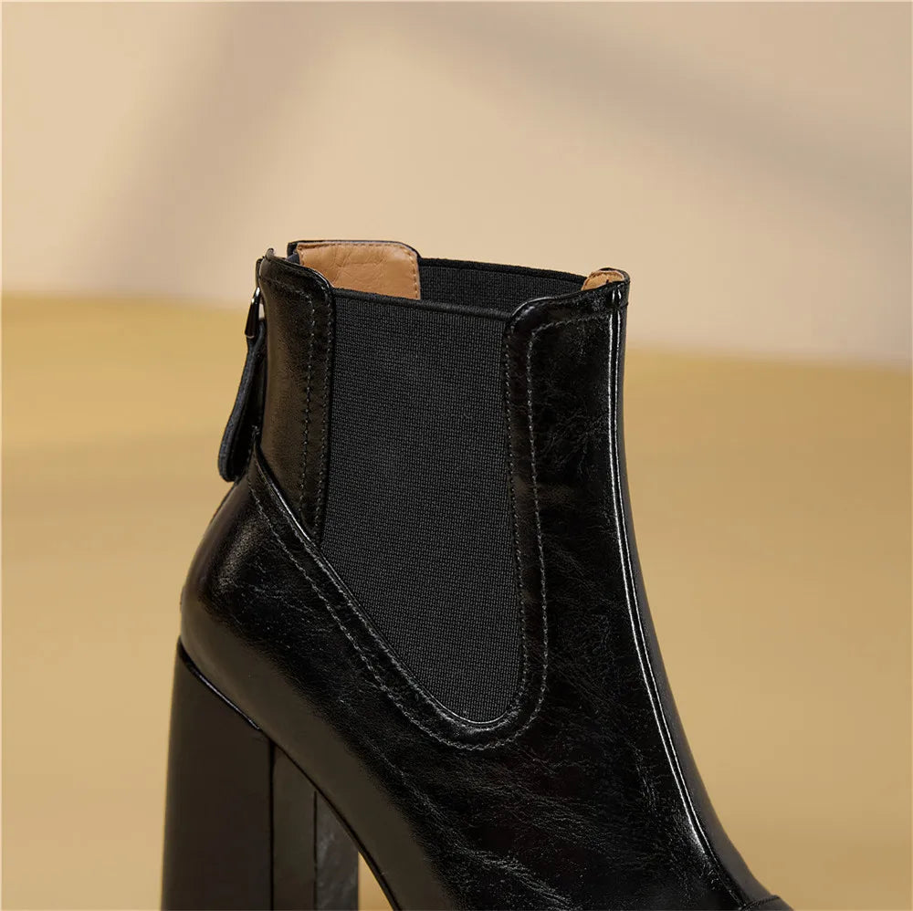 Aucegi Women Genuine Leather Back Zipper Ankle Boots Fashion Square Toe Platform Thick High Heels Party All Match Casual Shoes