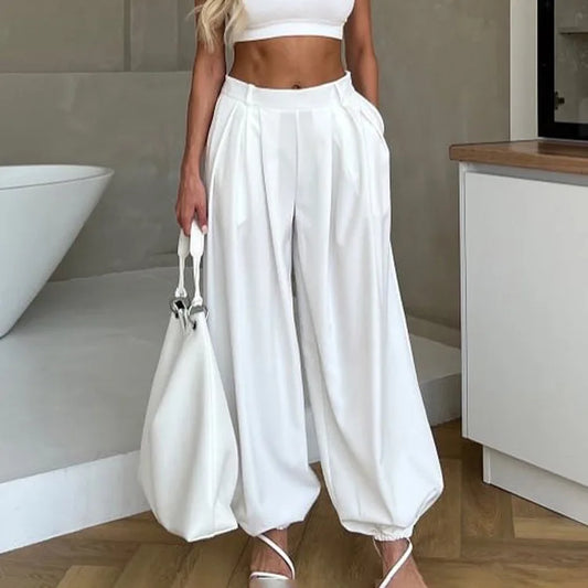Women's Simple and Versatile Loose Leggings New Hot-selling Design Pleated High-waisted White Casual Pants