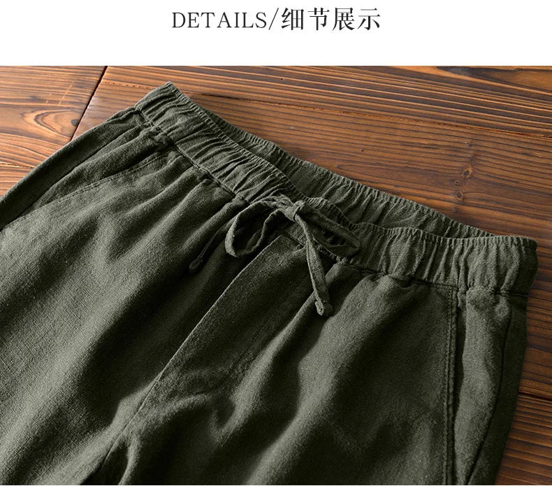 70% Linen,30% Cotton Men's Drawstring Elastic Waist Casual Pants, Straight Loose Ramie Trousers, Camping Fishing Comfortable