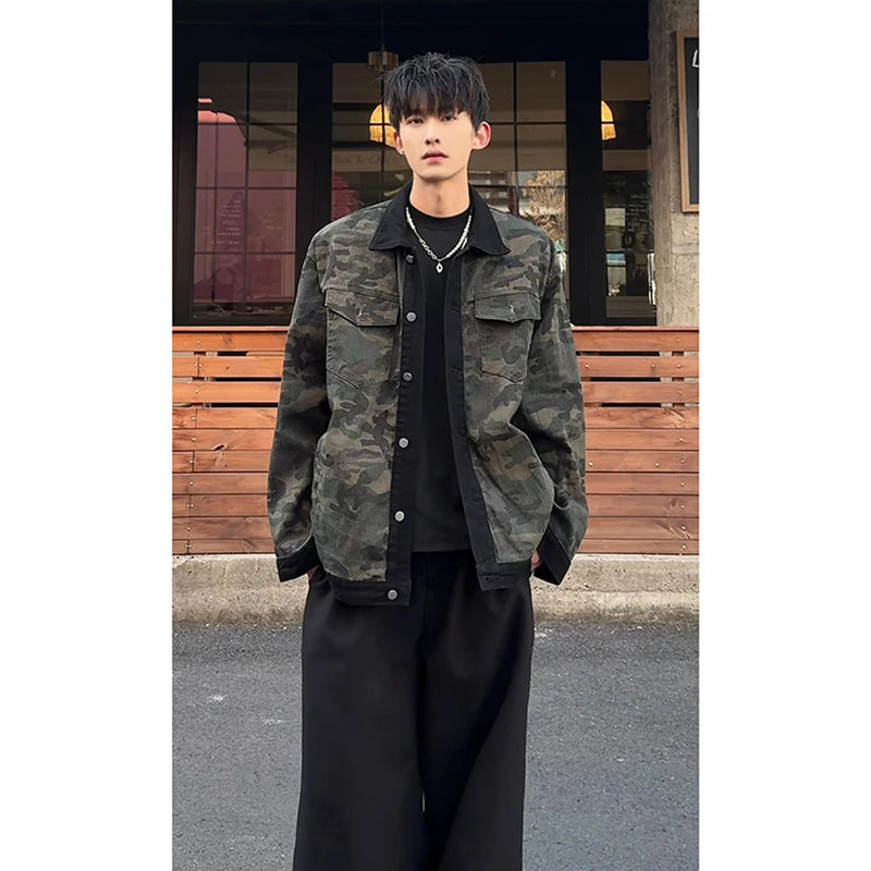 Men's Camouflage Denim Jacket Autumn Washed Turn down Collar Single-Breasted Long Sleeve Loose Fit Vintage Workwear Street Style