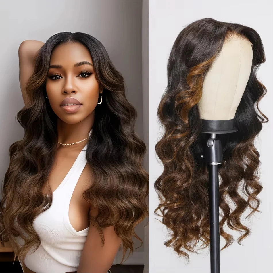 Ombre V Part Wig Human Hair Body Wave Upgrade U Part Human Hair Wig With Clips Black Wigs For Women 230% Density No Leave Out