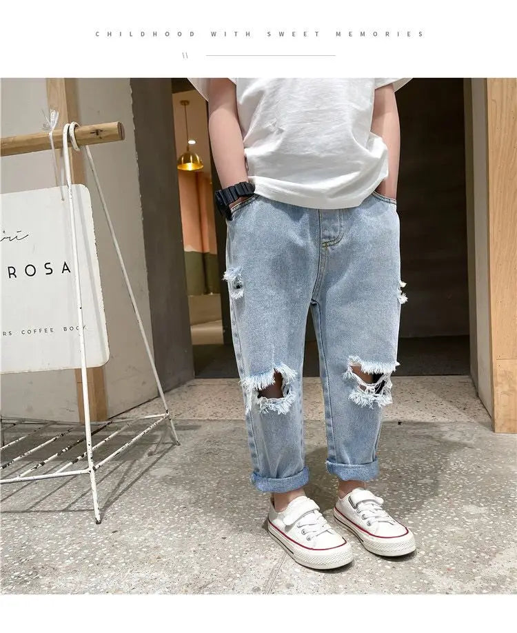 Kids Boys Pants Summer Ripped Jeans New Fashion Children's Baby Loose Casual Jeans Pants Boy and Girl Trousers