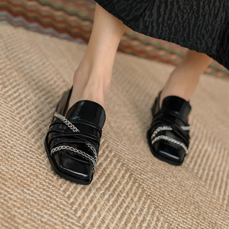 Dilalula 2025 Luxury Genuine Leather Loafers Womens Autum Spring Low Thick Heels Chain Pumps Female Leisure Natural Leather