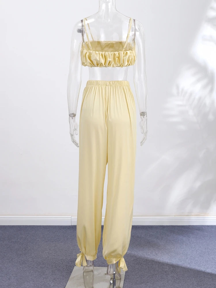 Women's Trousers 2 Pcs Suits Pleated Spaghetti Strap Cropped Tube Tops Elastic Waist Lace Up Pants Charming Ladies Partywear New