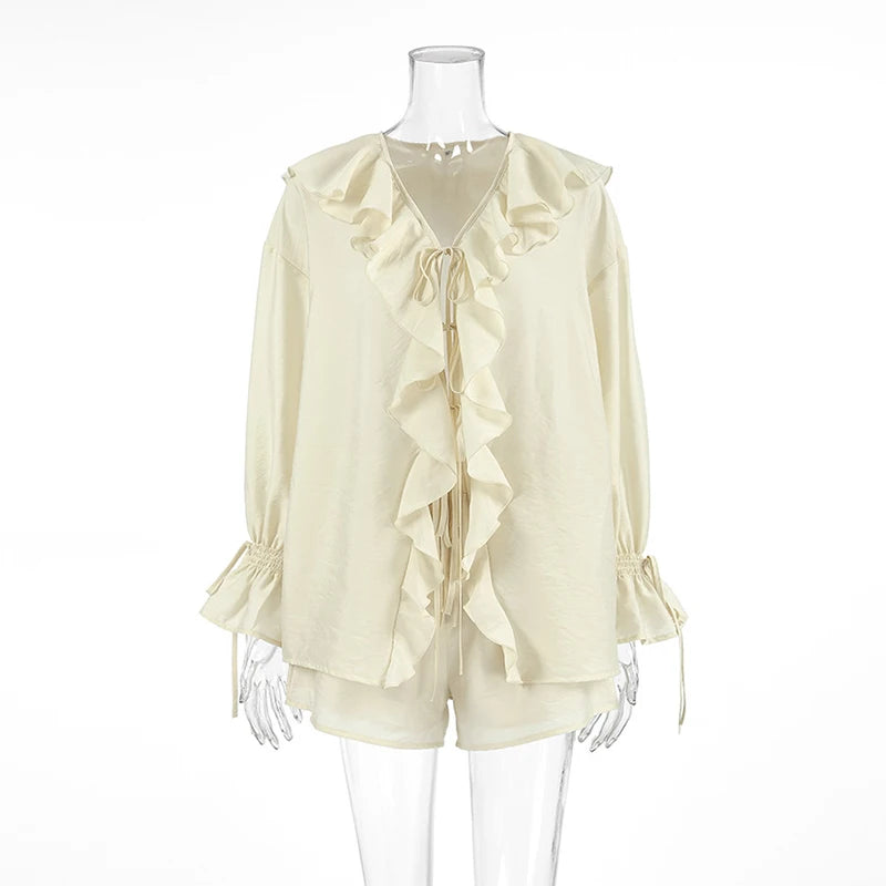 Tornova Women's Ruffled Shorts Sets V Neck Loose Lace Up Shirt Loose Through Sexy Casual Shorts Female Spring New Matching Sets
