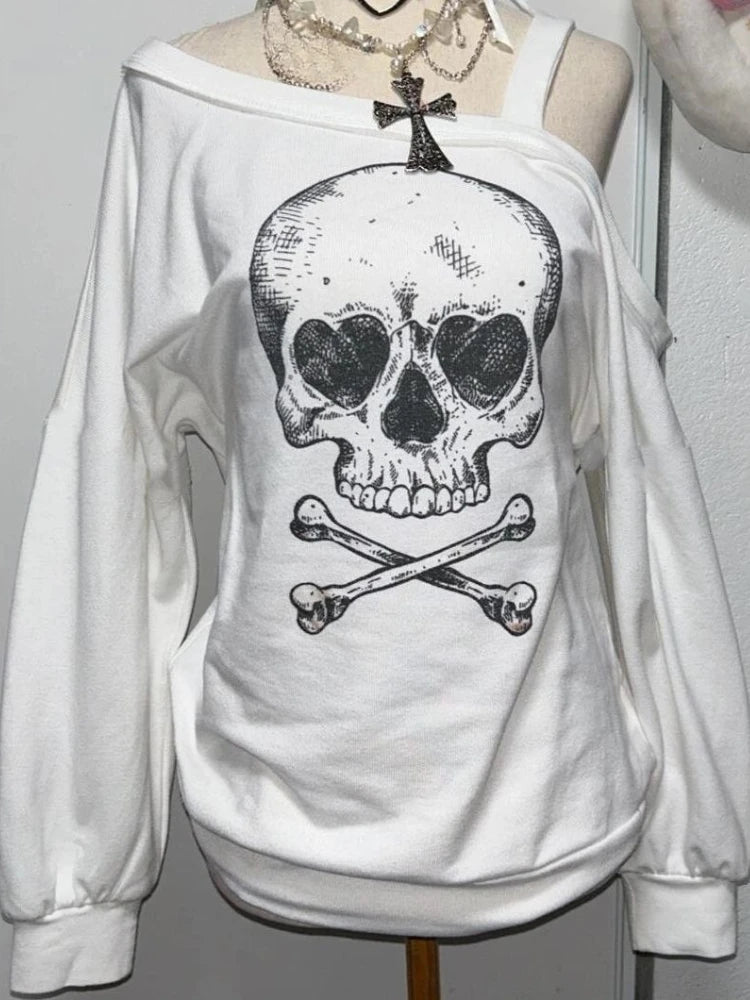 2000s Punk Style American Vintage Sexy Loose Long Sleeve Autumn T Shirts Y2k Casual Harajuku Subculture Skulls Print Tees Chic