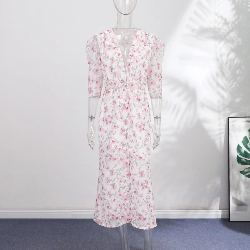 Casual Printed Mini Dress Women Full Sleeve Button V-neck Lady Short Dresses Waist Tape 2026 Spring Summer Female Robe Beach
