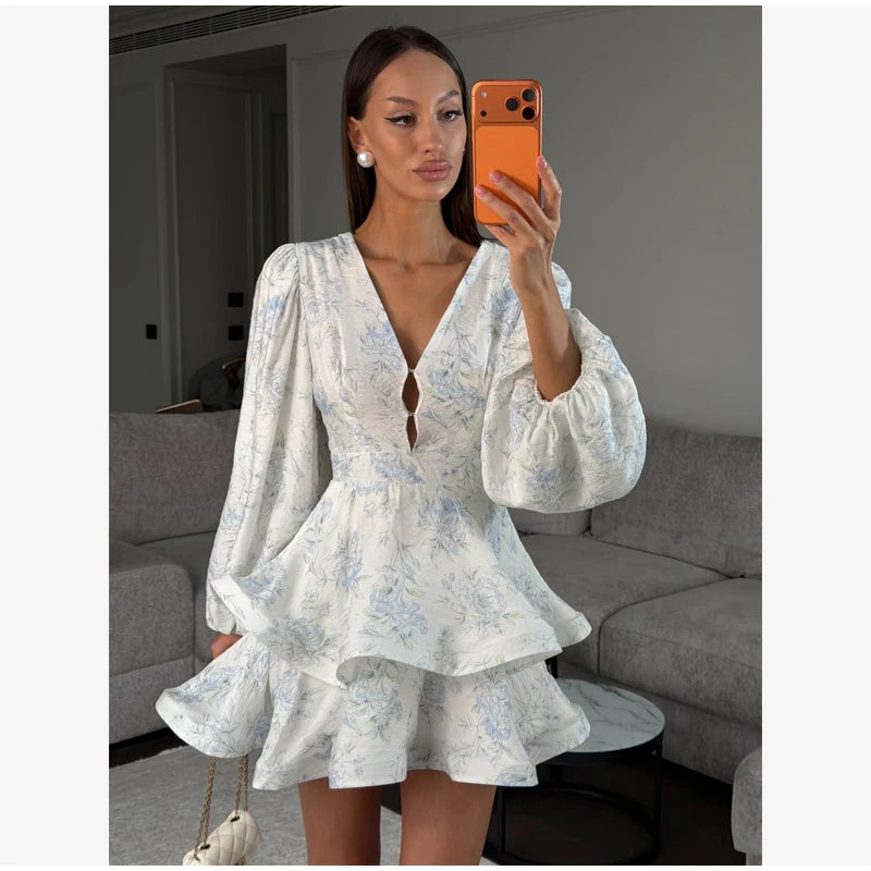 Elegant Floral Printed Waist-cinched Mini Dress Women Pleated Deep V-neck Long Sleeve Button-front Dresses Fashion Party Robe