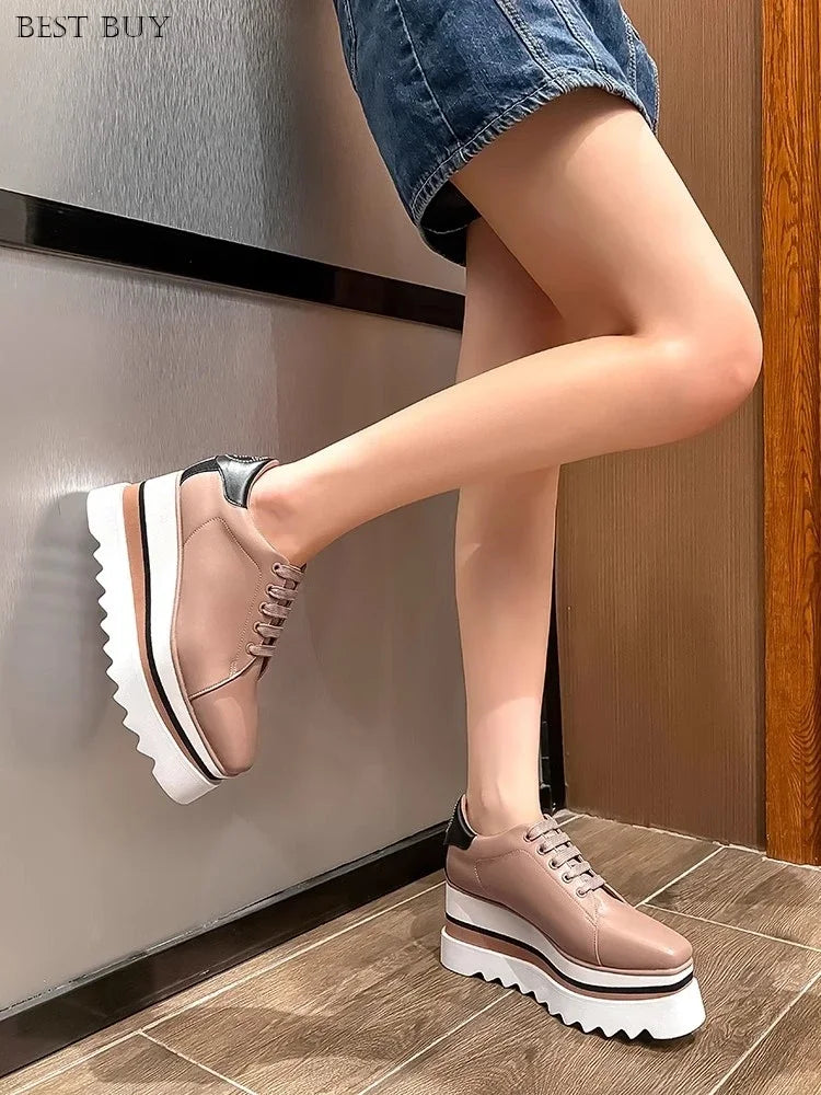 New beige Women Platform Casual Shoes 2024 Spring Black Casual Chunky Sneakers Women Real Leather White Height Increasing Shoes