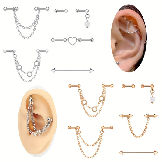 5PCS Industrial Piercing Bar, Stainless Steel Industrial Earrings With Chain Dangle, Cartilage Helix Piercing  Earrings