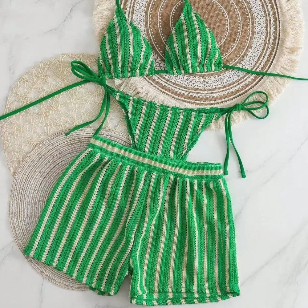 Casual Stripes 3 in 1 Swimwear Set Sleeveless Slim Fit Bikini Bathing Suit Lace Up Deep-V Knitting Swimsuit Beach
