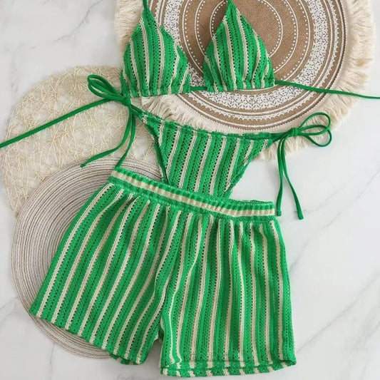 Casual Stripes 3 in 1 Swimwear Set Sleeveless Slim Fit Bikini Bathing Suit Lace Up Deep-V Knitting Swimsuit Beach