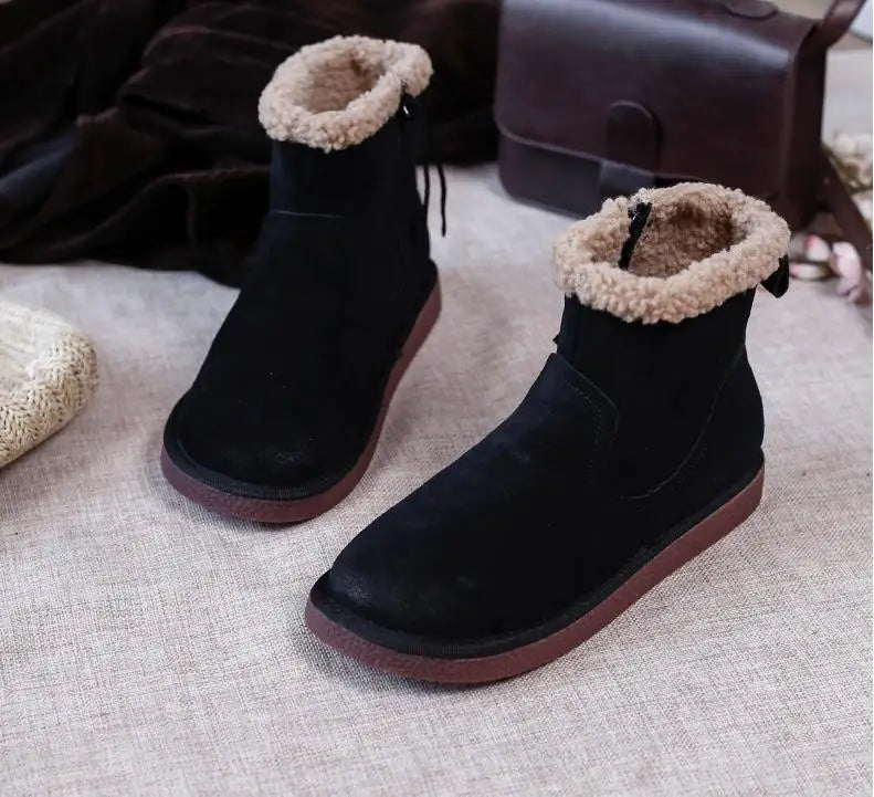 Careaymade-Genuine cow leather Snow cotton round head flats woolen short boots plush warm snow boots Oversized shoes size 35-43