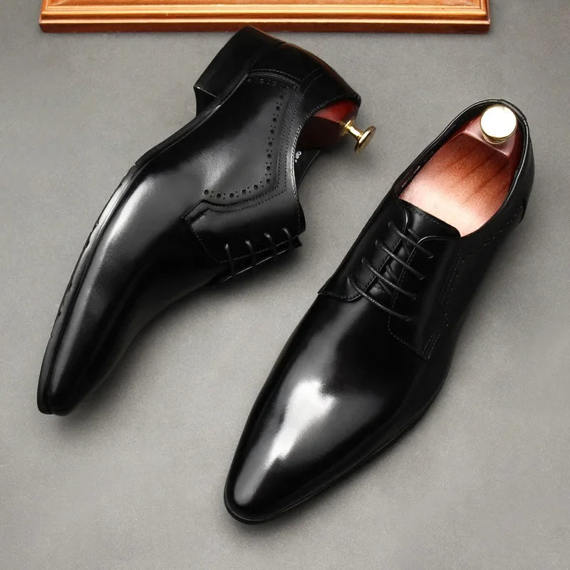 Leather shoes for men, lace up shoes for men, pointy, leather, high-end wedding, dress, Oxford, Lefu shoes, large, British style