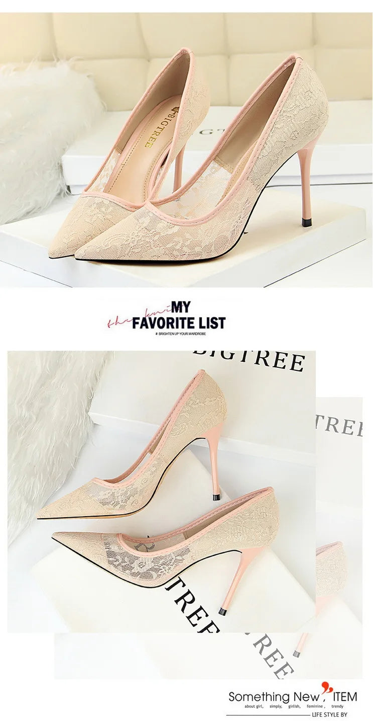 Women Fashion Sexy Pumps High Heels Shoes Female Sexy Wedding Shoes Ladies Stiletto Women New Pointed Toe Mesh Hollow Lace Heels