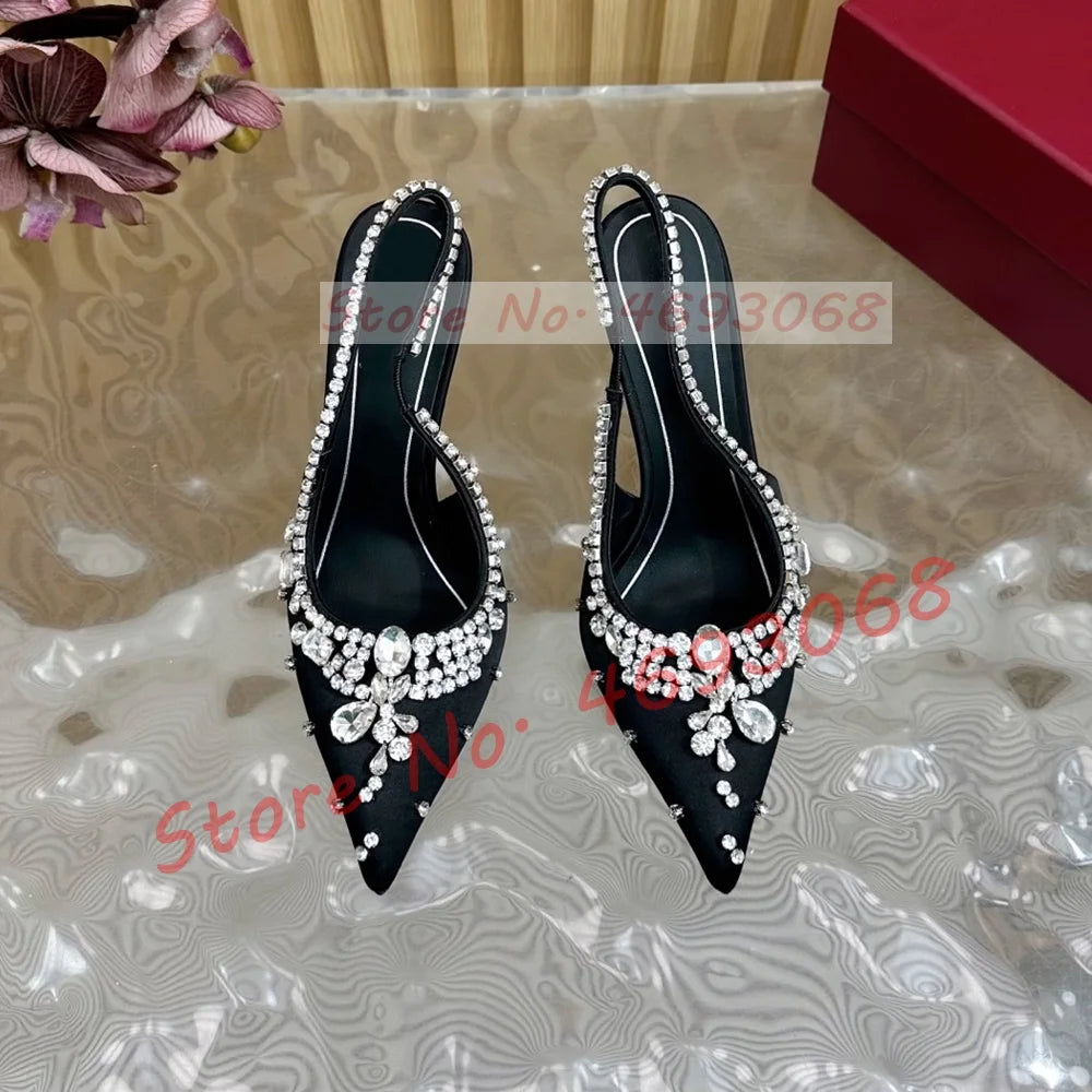 Luxury Crystal Flowers Back Strap Sandals Ladies Trendy Pointy Toe Classy Gems Satin Sandal Women Real Leather Evening Shoes