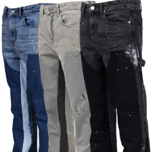 2025 Men's Fashion Jeans Work Pants, European and American Fashion Workwear Elastic Patchwork Denim Layered Flared Pants S-XXL