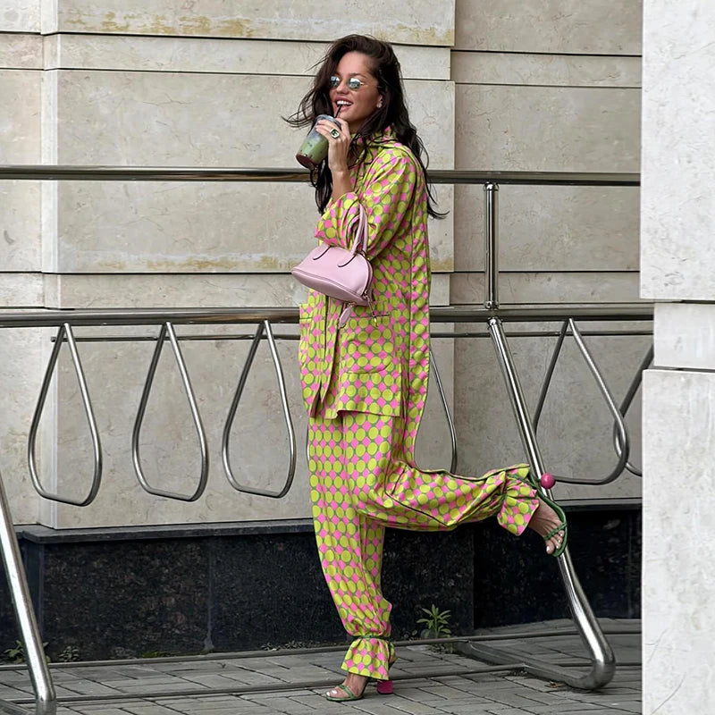 Casual Plaid Women's Blazer Pant Suits Scarf Collar Long Sleeve Button Shirt Pleated Wide Leg Trousers 2026 Summer Female Set
