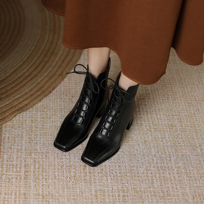 2026 Fashion Women Shoes Split Leather Short Boots Square Toe Chunky Boots Winter Shoes Women Solid High Heel Boots for Women