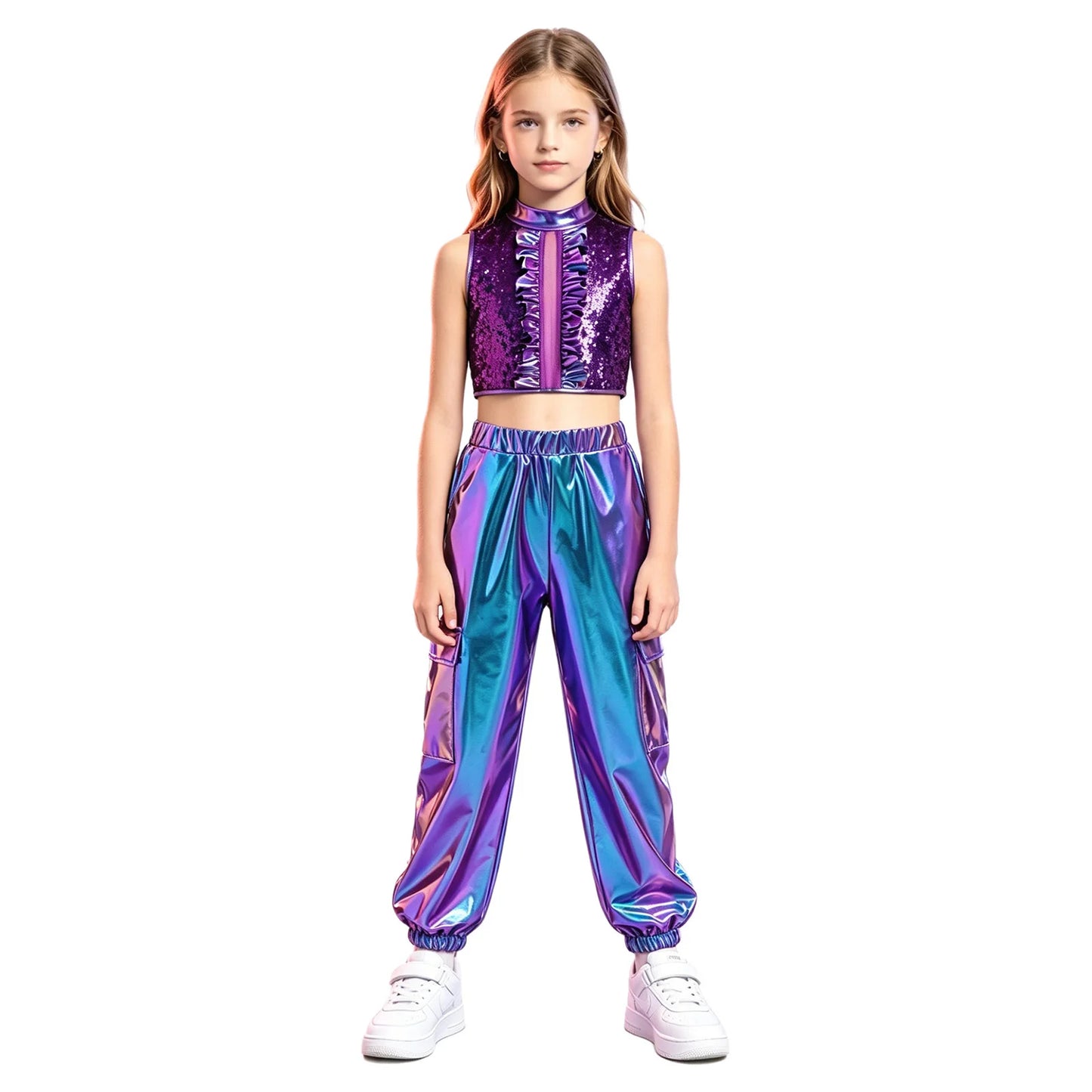 Kids Girls Disco Jazz Hip Hop Dance Outfit Sleeveless Shiny Sequin Ruffle Crop Top with Metallic Pants School Show Party Costume