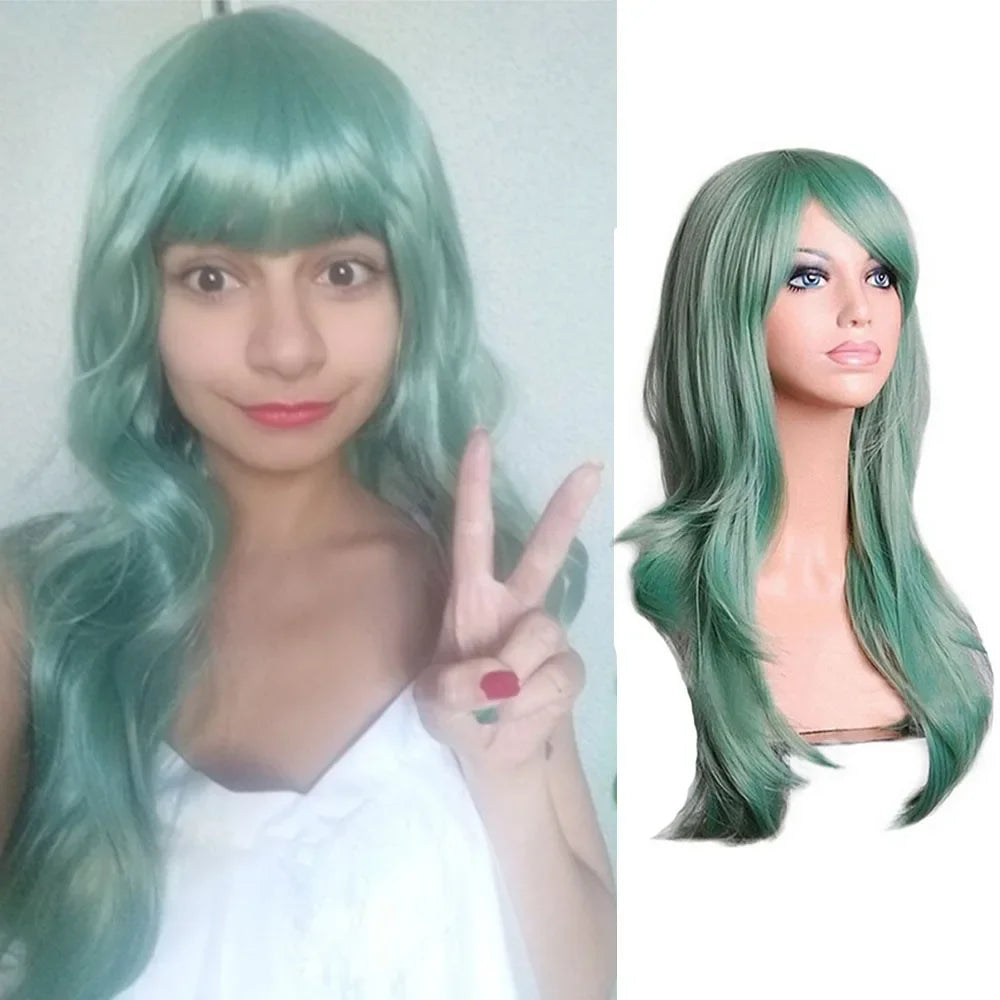 QQXCAIW Long Wavy Cosplay Wig Red Green Purple Pink Black Blue Sliver Gray Blonde Brown 70 Cm Synthetic Hair Wigs