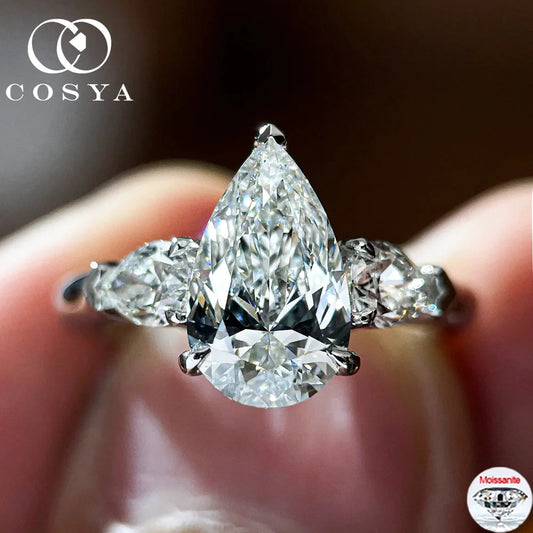 COSYA 1/2/3/4CT Pear Cut Moissanite 3-stone Ring for Women S925 Silver Sparkling D Waterdrop Diamond Wedding Band Fine Jewelry