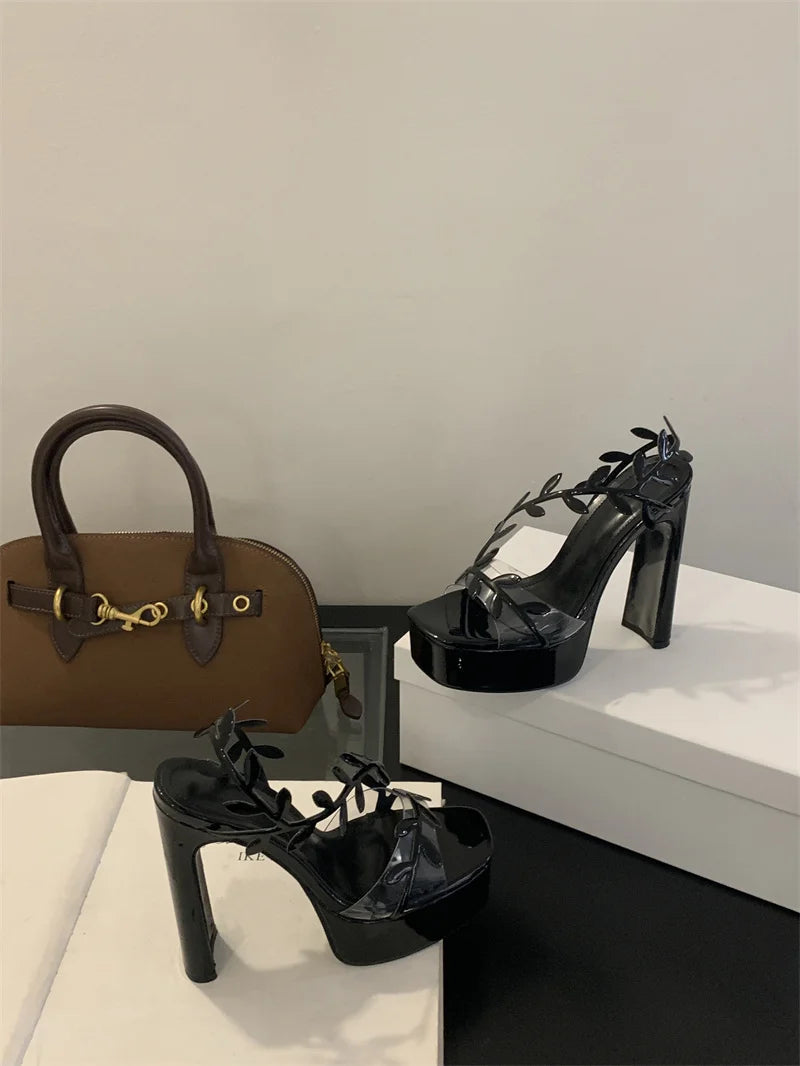 Liyke Summer Fashion Patent Leather Gold Leaf Women Sandals Elegant Square Toe Platform High Heels Wedding Banquet Shoes Size 42