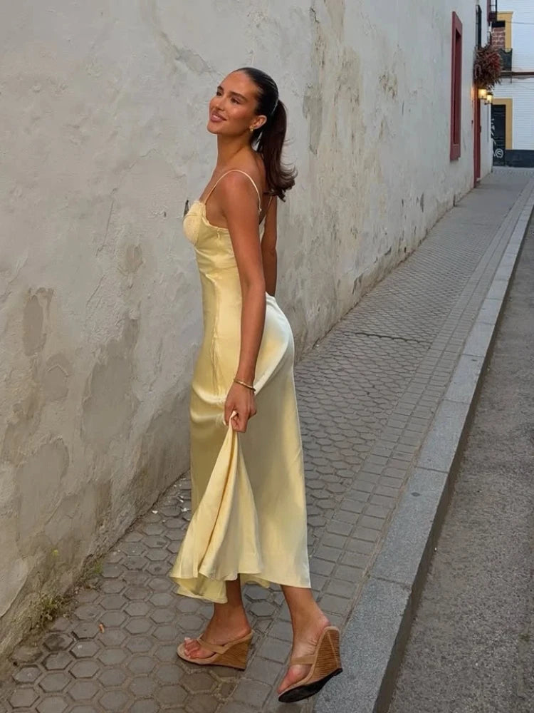 Satin Sexy Lace Spliced Maix Sling Dress Women Sleeveless Backless Yellow Vacation Vestidos 2026 Fashion Summer Lady Dresses﻿
