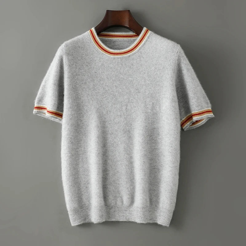 2026 Summer New Fashion O-Neck 100% Wool Knit Short Sleeve Spliced Business Casual T-Shirts Men's Clothing Loose England Tees