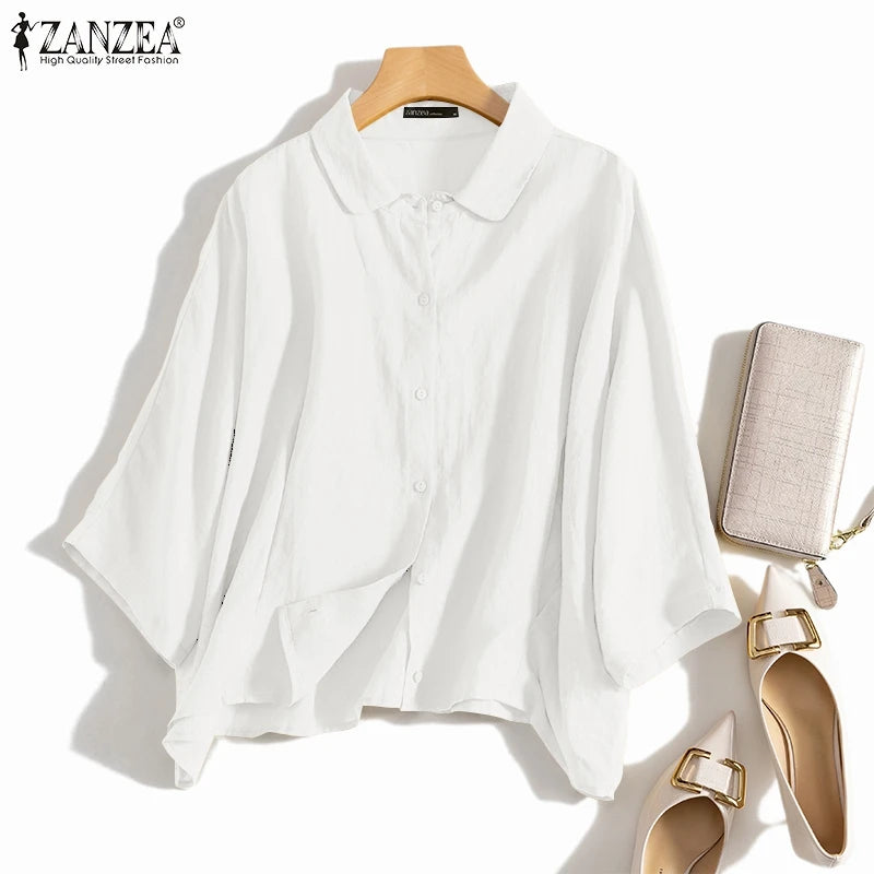 ZANZEA Summer Fashion Lapel Neck Shirt Women Elegant 3/4 Sleeve Blouse Work Buttons Down Tops Tunic Female Casual Loose Blusas