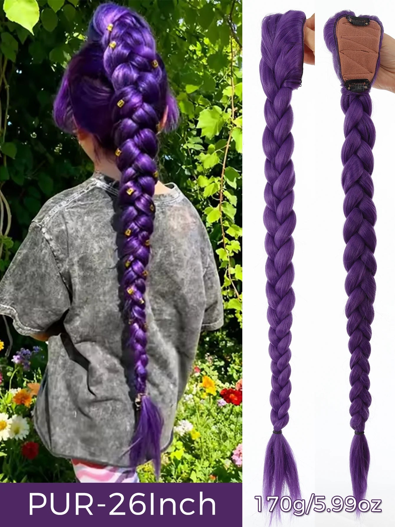 Synthetic 26inch Long Ponytail with Clips Braided Purple Hair Ponytail Rumi Costume Hairstyle for Kids Girls Halloween Christmas