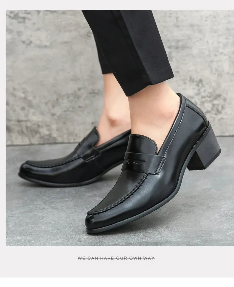 Men Retro Dress Shoes Black Brown Medium High Heels European and American Business Banquet Cuban Leather Shoes Size 38-45