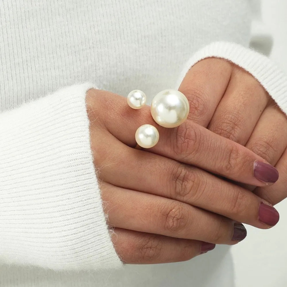 Elegant Retro Oversize Multi Pearl Rings for Women Lady Shiny Crystal Rhinestone Irregular Charm Open Rings Jewelry